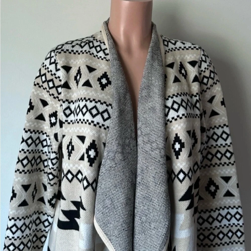 Lucky Brand Open Front Aztec Cardigan Tan Black Cozy Knit Winter NEW large